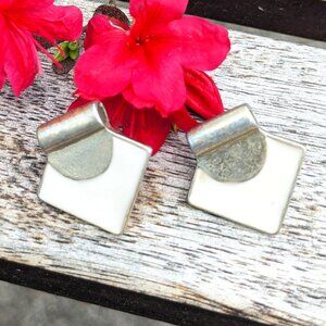 Vintage 80s 90s Geometric Silver and White Enamel Earrings